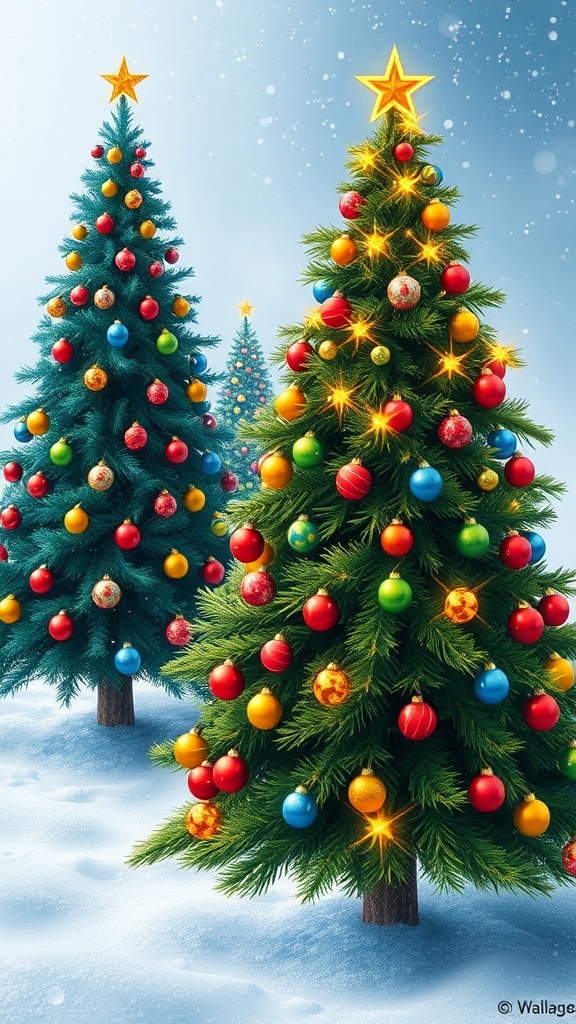 Three beautifully decorated Christmas trees in a snowy landscape, perfect for holiday wallpaper.
